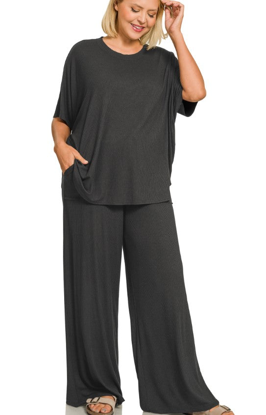 2PC SET RIBBED RELAXED FIT TOP & PANT