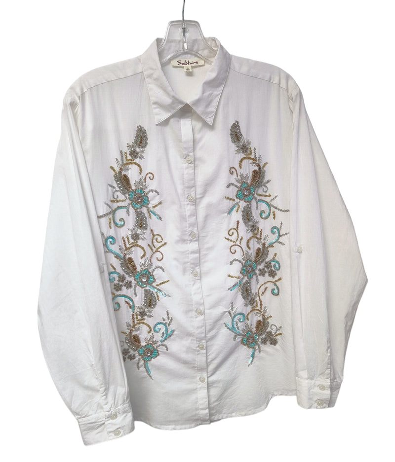 SOLITAIRE TOP LONG SLEEVE BUTTON UP FLORAL BEADING