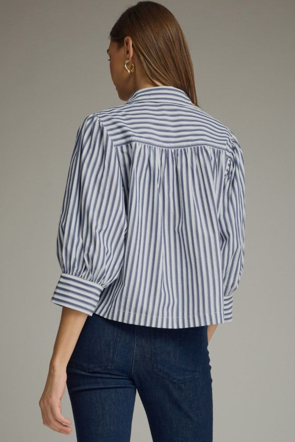 ENTRO TOP STRIPED COLLARED 3/4 PUFF SLEEVE