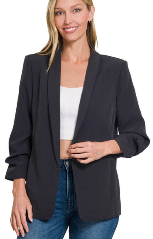 WOVEN 3/4 RUCHED SLEEVE OPEN BLAZER