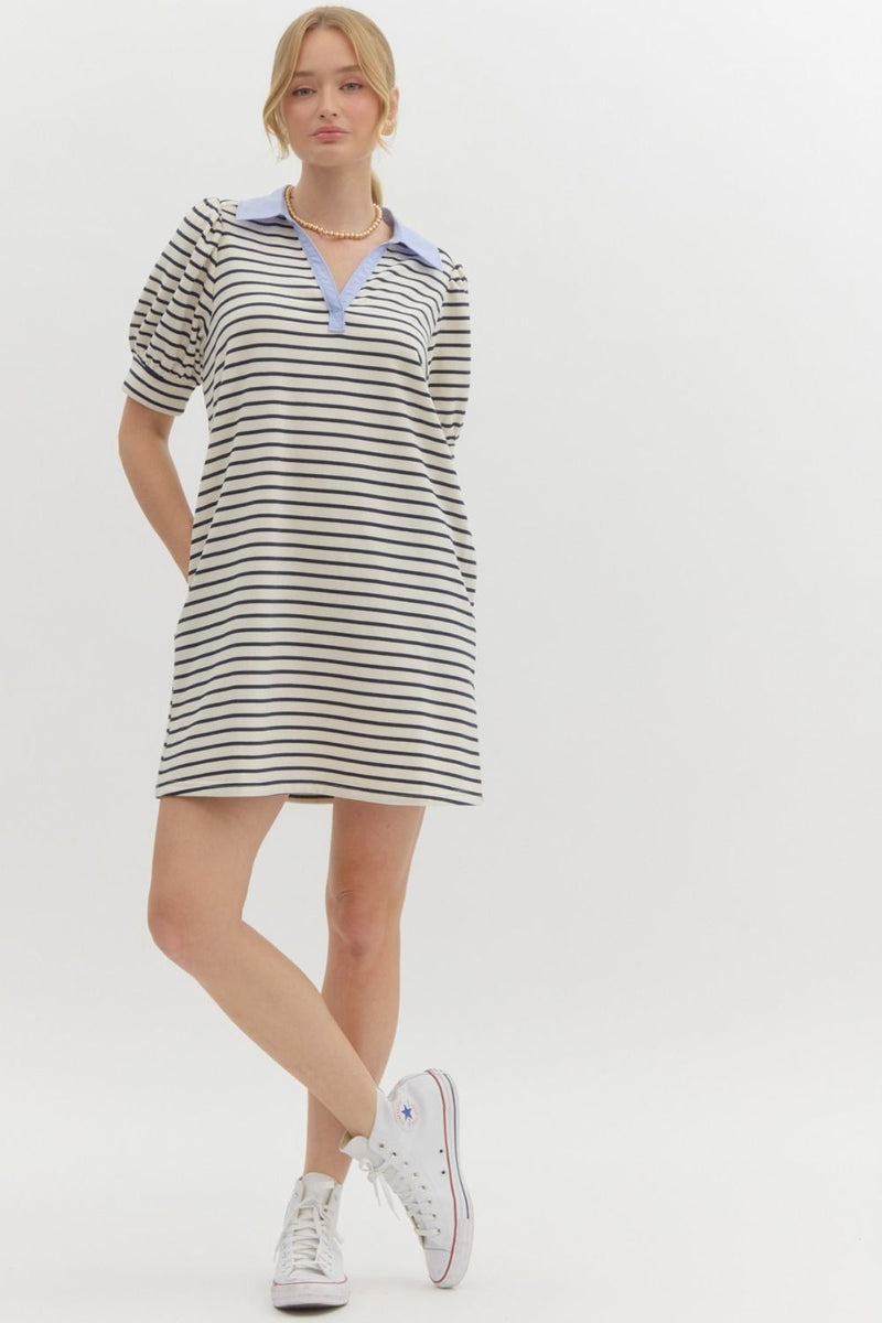 V NECK PUFF SLEEVE COLLARD MINI DRESS