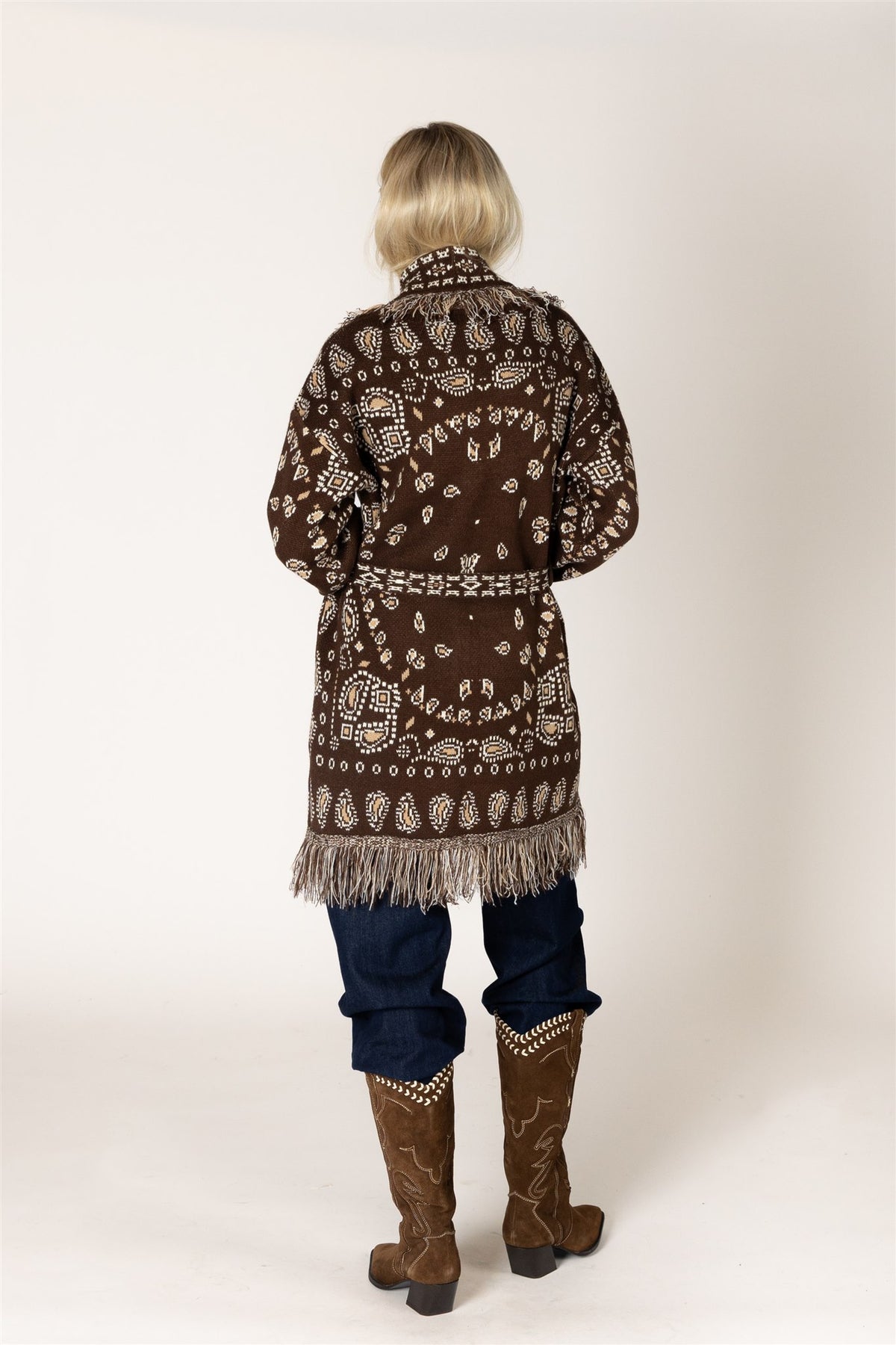 FRINGE TRIM CARDIGAN WITH BELT