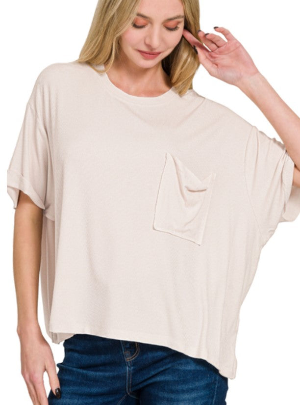 RIBBED ROUND NECK SHORT SLEEVE OVERSIZED TOP