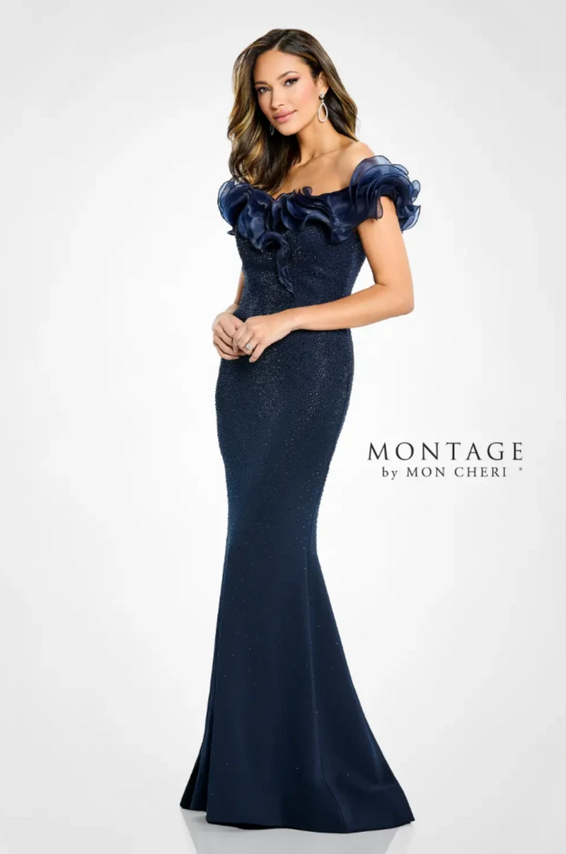 MONT GOWN FIT FLARE OFF SHLDR RUFFL NCKLN