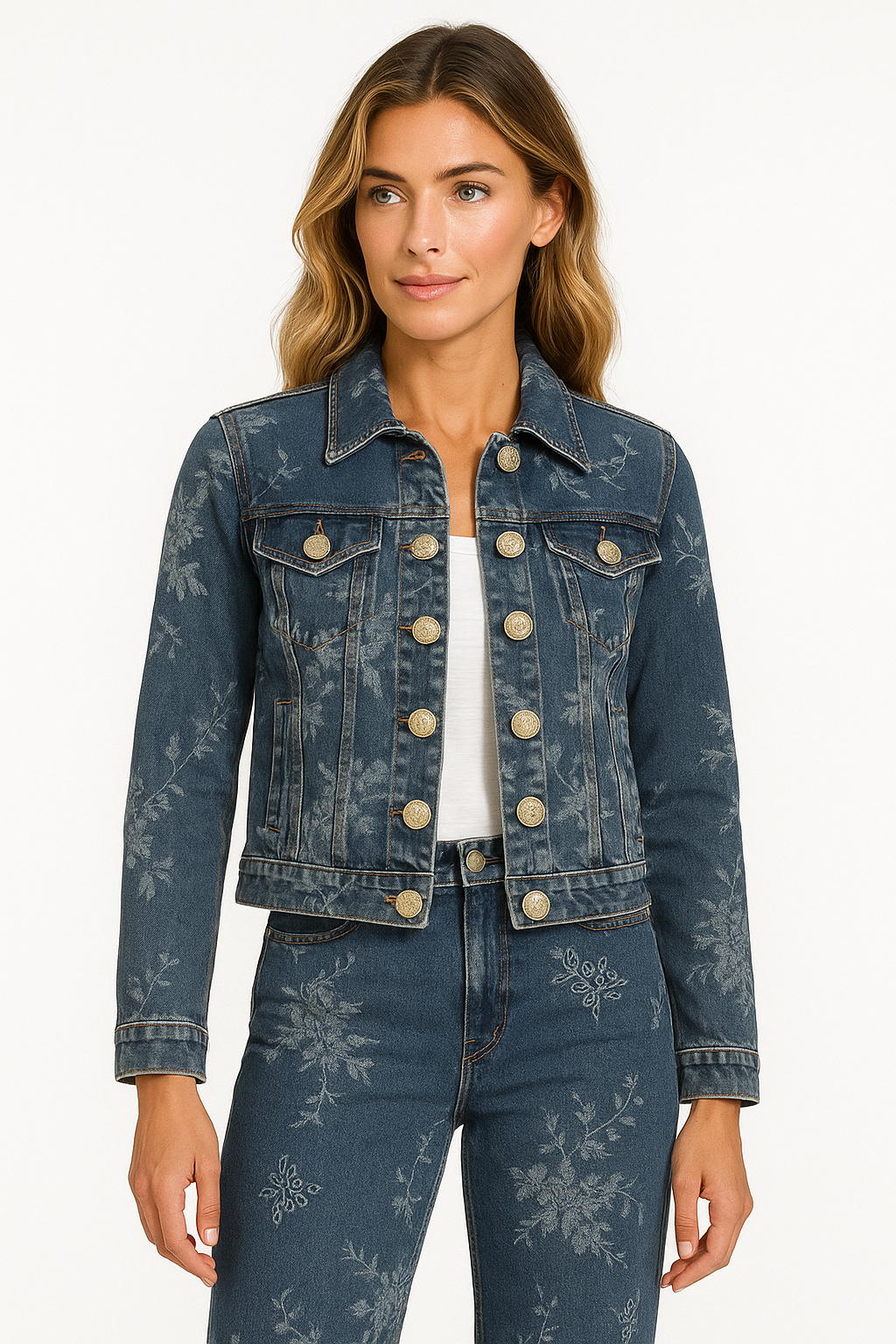 MILITARY CROP DENIM FLORAL PRINT JACKET