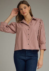 ENTRO TOP STRIPED COLLARED 3/4 PUFF SLEEVE