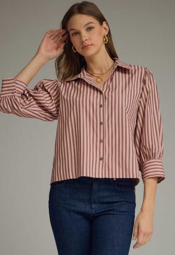 ENTRO TOP STRIPED COLLARED 3/4 PUFF SLEEVE