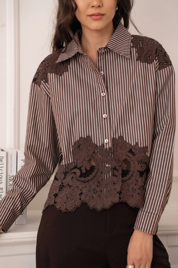 BUTTON UP COTTON TOP WITH LACE INSERTS