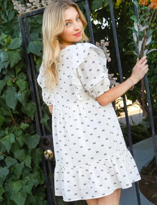 RUFFLE SLEEVE BOW PRINT MINI DRESS