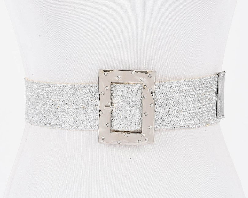 FAUX STRAW METAL STONE BUCKLE STRETCH BELT