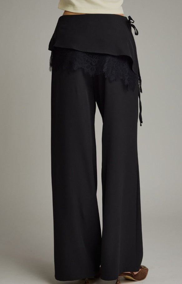 WIDE LEG LACE TRIM WAIST OVERLAY PANTS