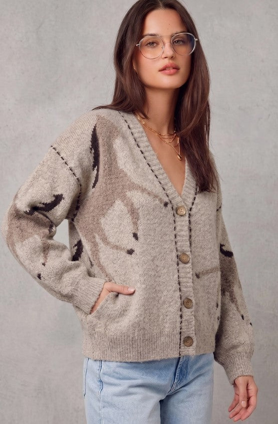 HORSE CONTRAST STITCH CARDIGAN