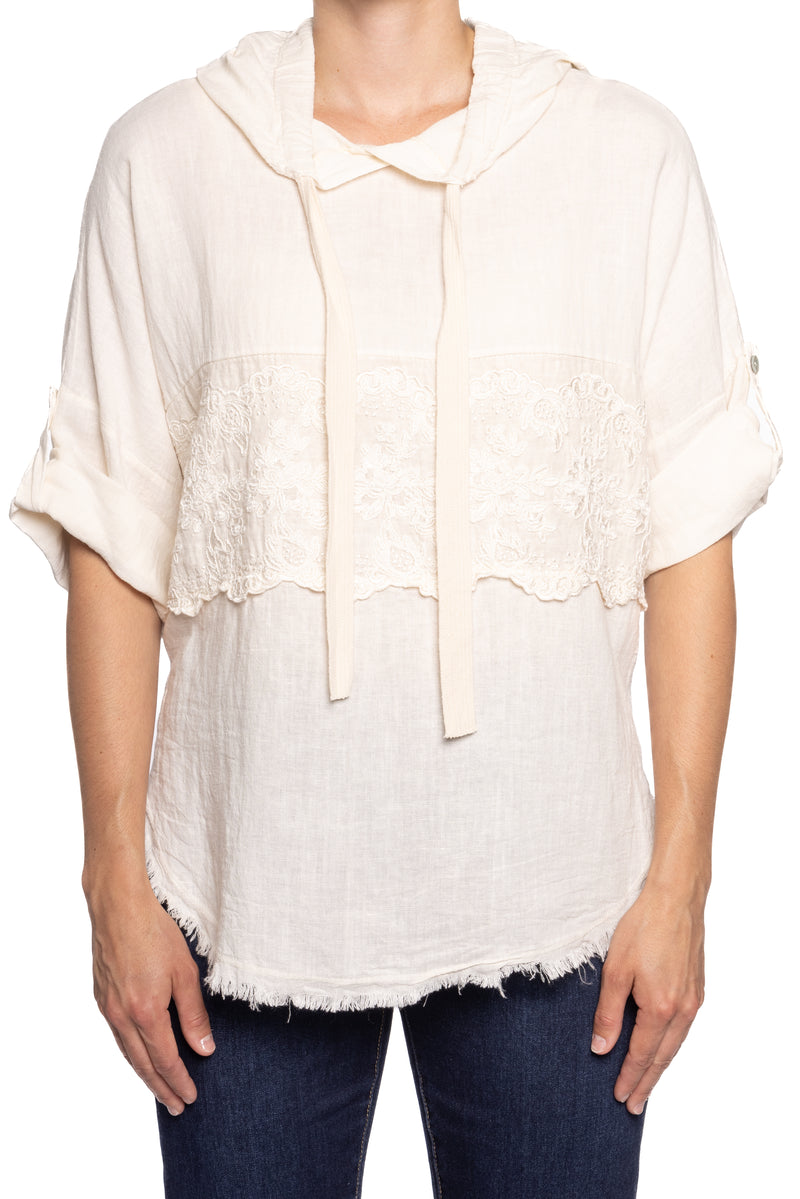 ETERNELLE LINEN EMBROIDERED TOP WITH HOOD