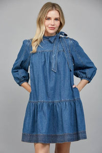FATE DRESS DENIM HIGH BOWTIE