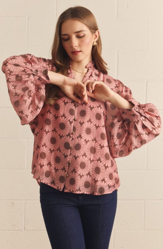 LONG PUFF SLEEVE RUFFLED MOCK NECK BLOUSE