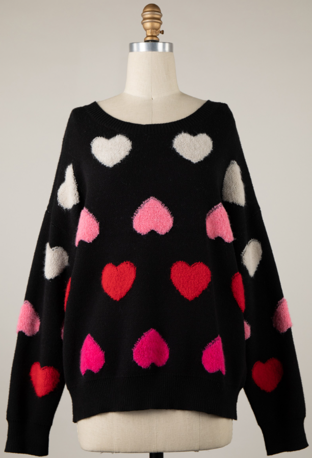 TEXTURED FLUFF HEART PATTERN SWEATER