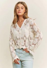 SCALLOP EDGE LACE FLORAL CROCHET CARDIGAN