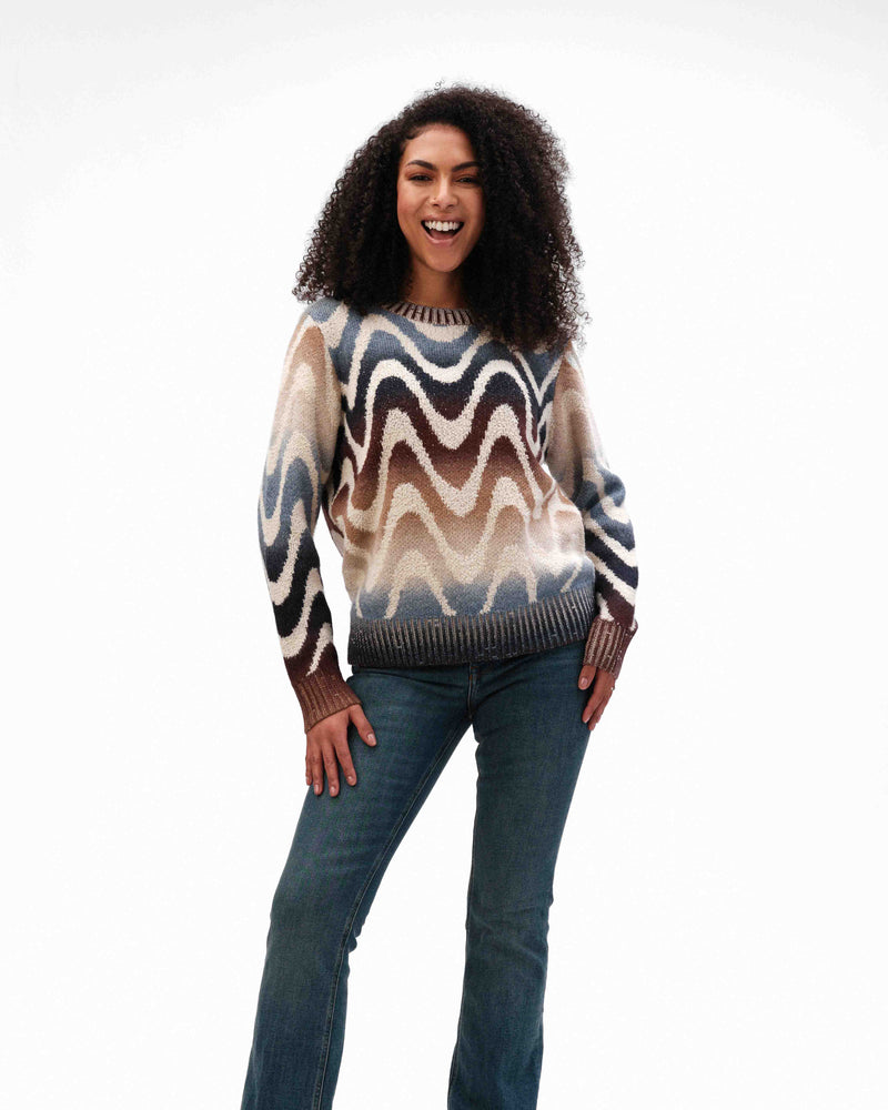 CHENILLE KNIT SWEATER WITH WAVE PRINT