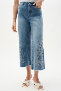 JOSEPH RIBKOFF DENIM WIDE LEG EMBROIDERED PANTS