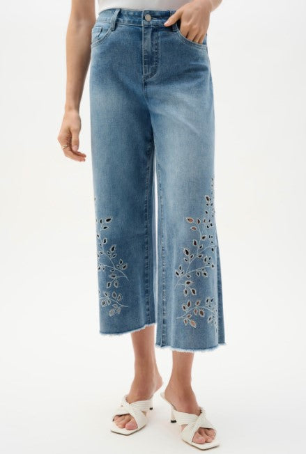 JOSEPH RIBKOFF DENIM WIDE LEG EMBROIDERED PANTS