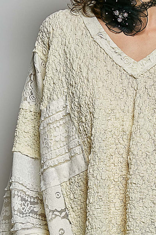 V NECK TOP WITH LACE PATCHES