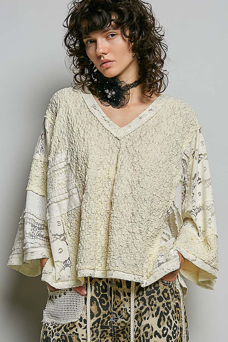 V NECK TOP WITH LACE PATCHES