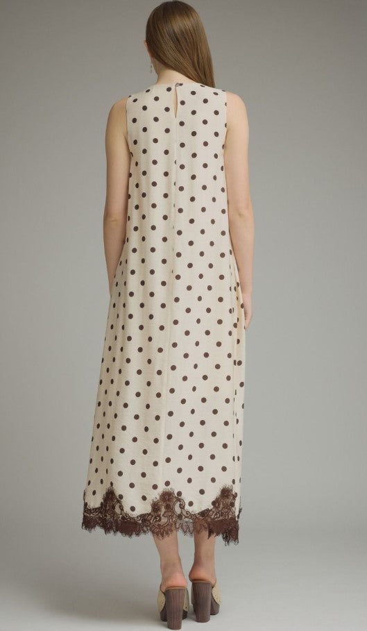 SHORT SLEEVE MIDI POLKA DOT LACE TRIM DRESS