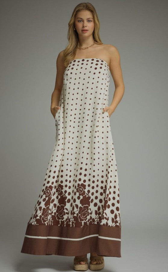 STRAPLESS MAXI BORDER FLORAL DRESS