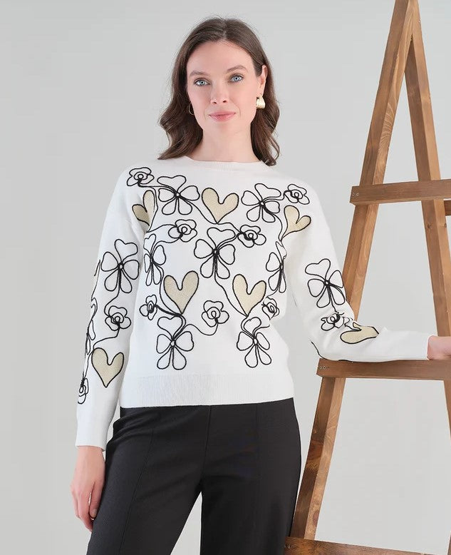 TRI SWEATER FLRL HRT EMBRDR