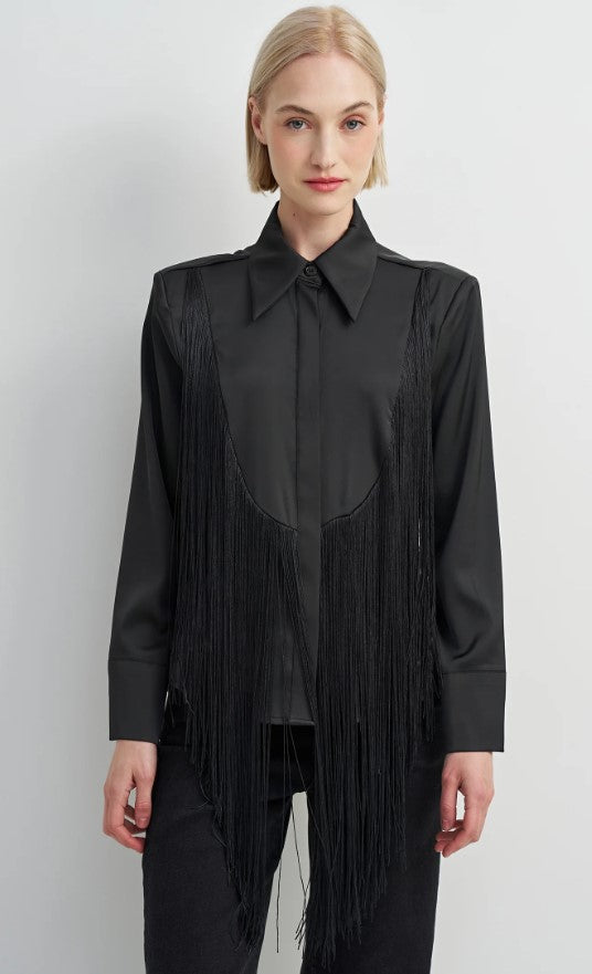 BUTTON UP COLLARED FRINGE BLOUSE