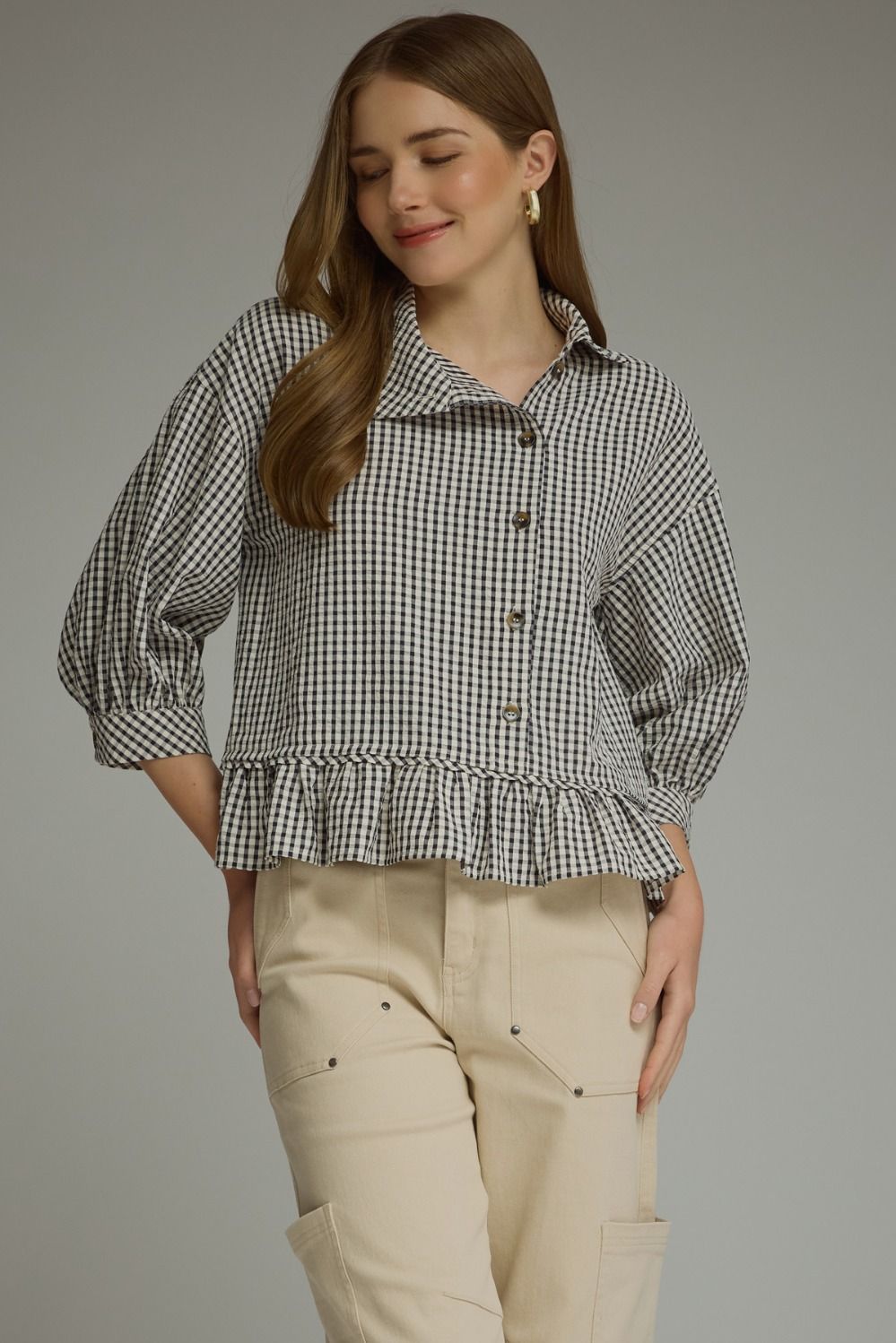 PLAID 3/4 SLEEVE TOP