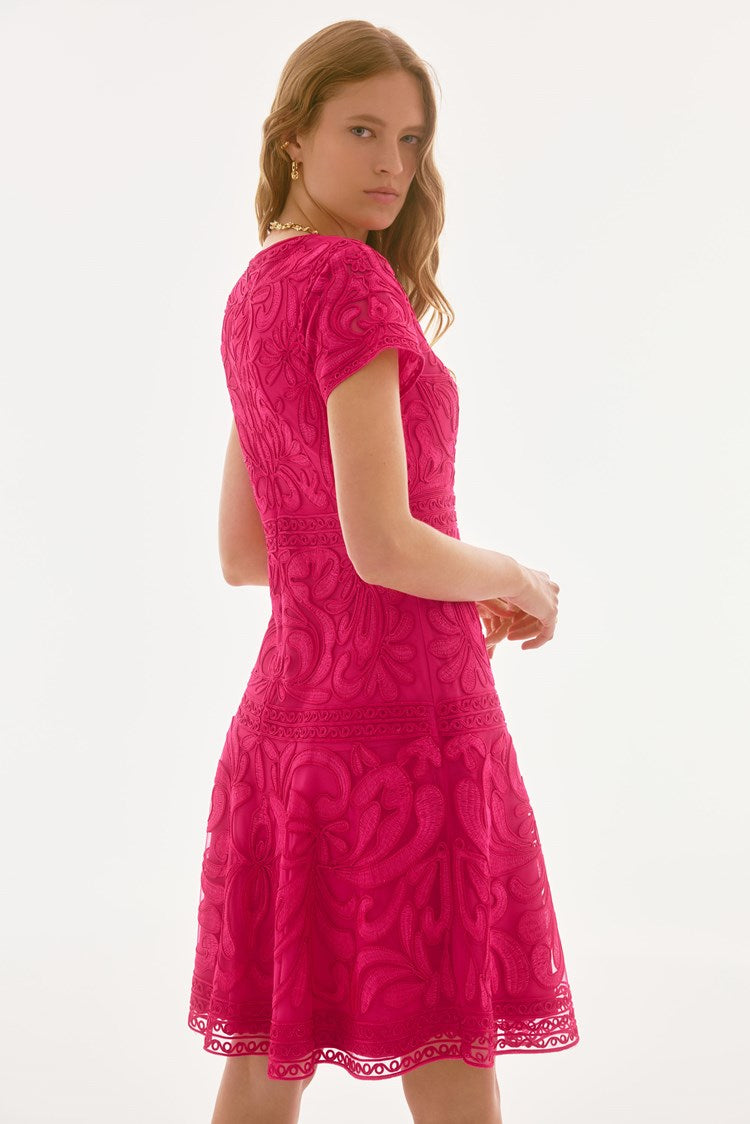 JOSEPH RIBKOFF EMBROIDERED MESH FLARE DRESS