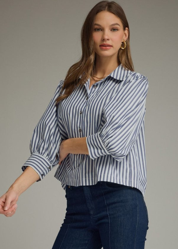 ENTRO TOP STRIPED COLLARED 3/4 PUFF SLEEVE