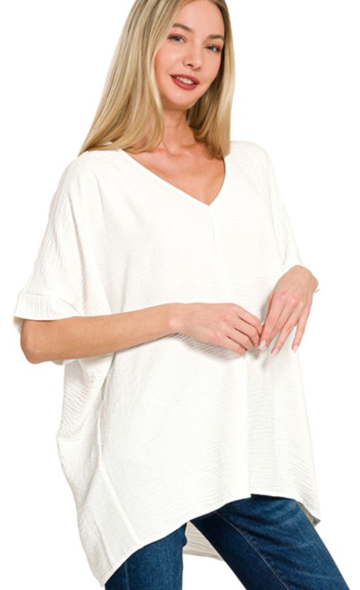 WOVEN V NECK DOLMAN SHORT SLEEVE TOP
