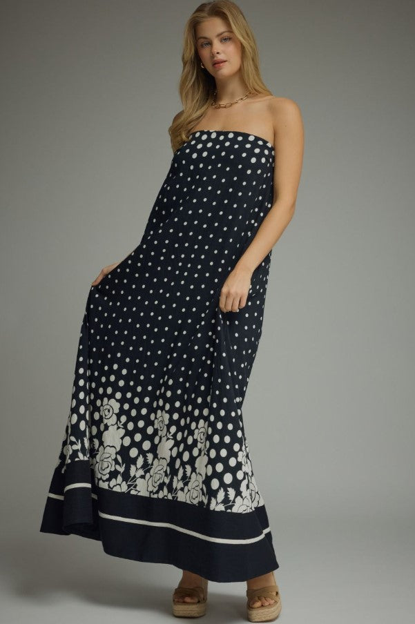 STRAPLESS MAXI BORDER FLORAL DRESS
