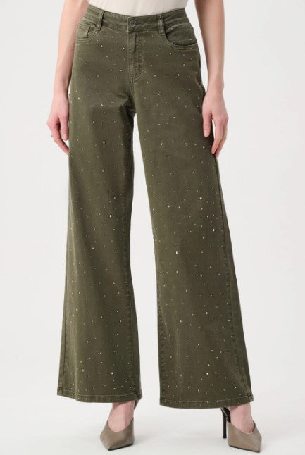JOSEPH RIBKOFF DENIM WIDE LEG PANTS WITH RHINESTONES