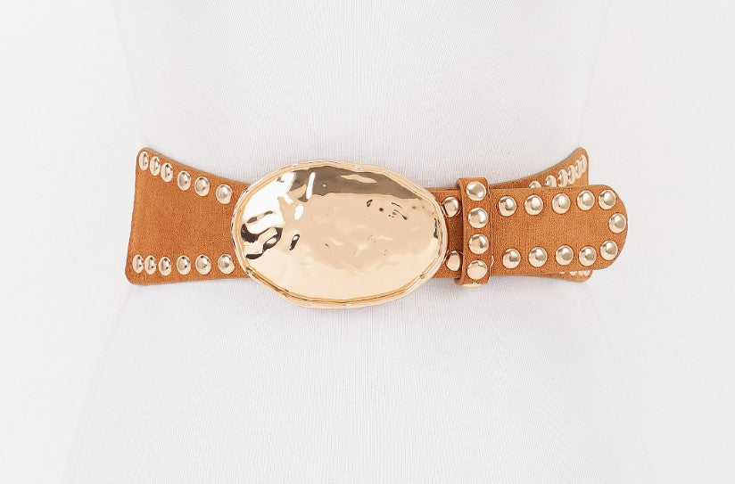HAMMERED METAL BUCKLE STUDDED FAUX SUEDE BELT