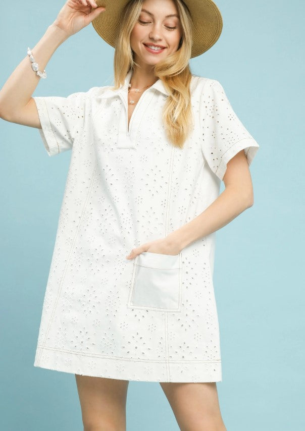 SHIFT EYELET SHORT SLEEVE DRESS