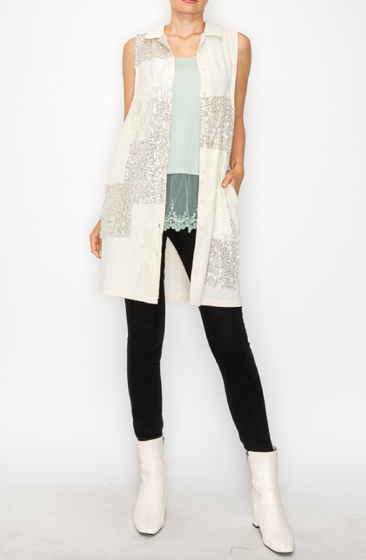 PATCH LOOK VEST WITH LACE & SEQUIN