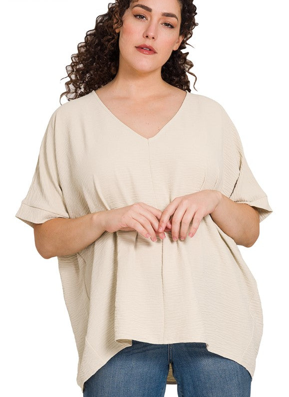 WOVEN V NECK DOLMAN SHORT SLEEVE TOP