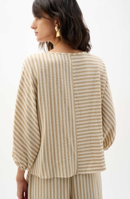 RIBKO TOP WOVEN STRIPE BOAT NECK