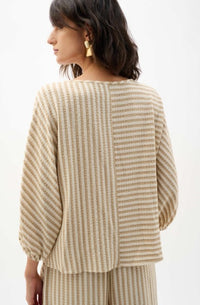 RIBKO TOP WOVEN STRIPE BOAT NECK