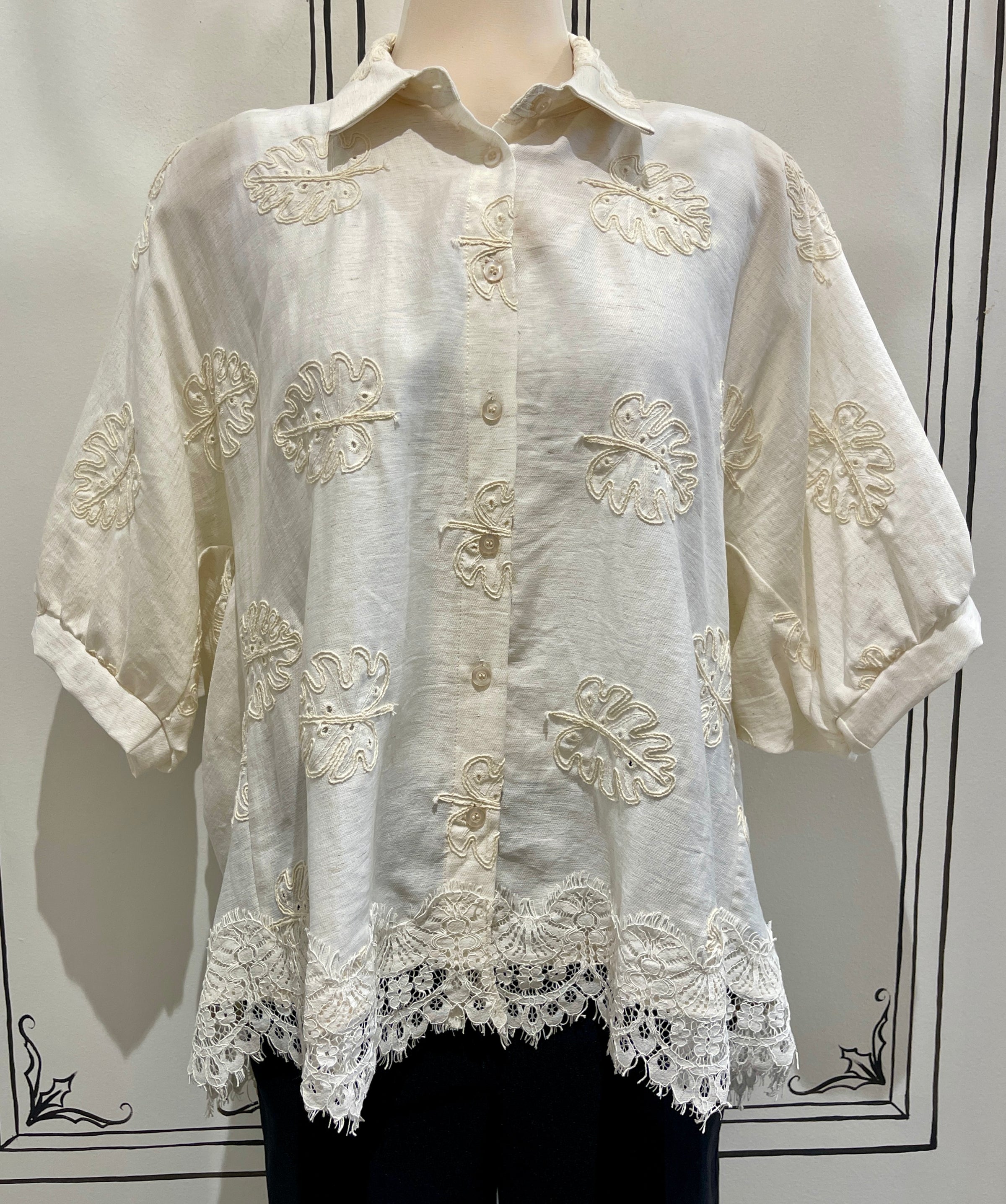 SHORT SLEEVE BUTTON UP WITH LACE DETAIL