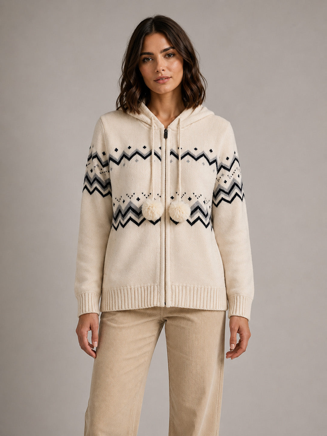 POINT SWEATER ZIP UP W/HOOD POM