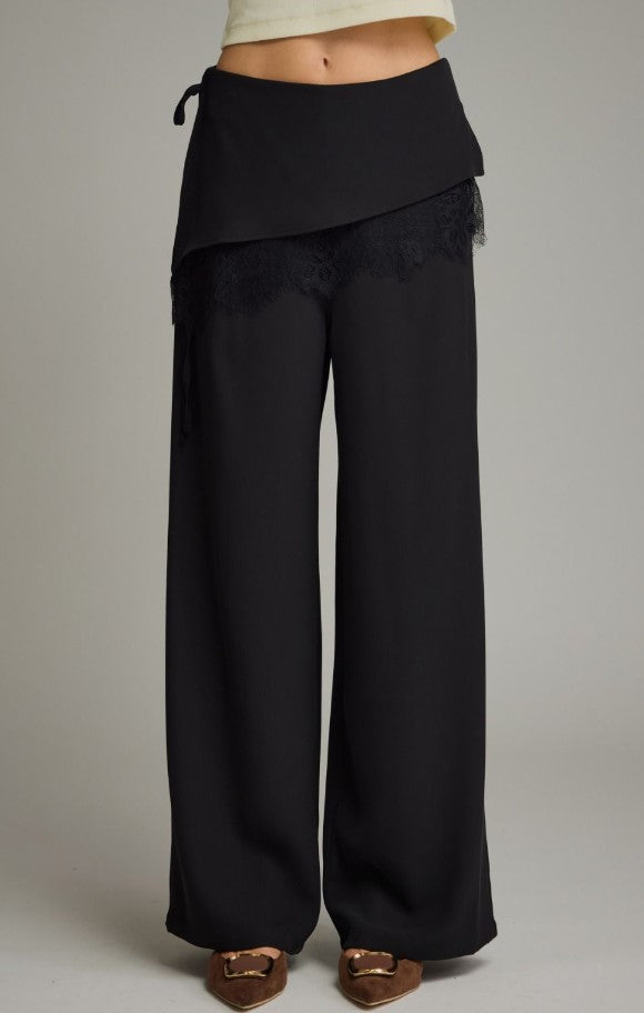 WIDE LEG LACE TRIM WAIST OVERLAY PANTS