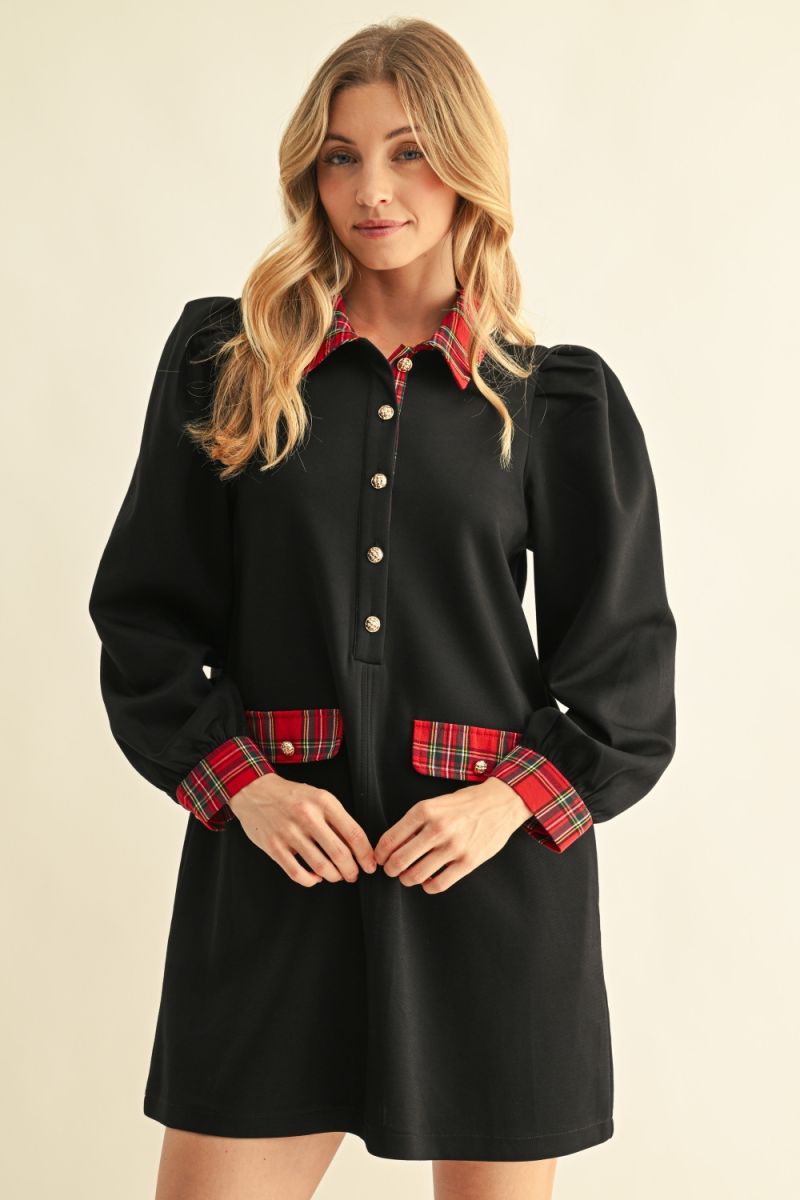 PUFF SHOULDER LONG SLEEVE SHIFT DRESS
