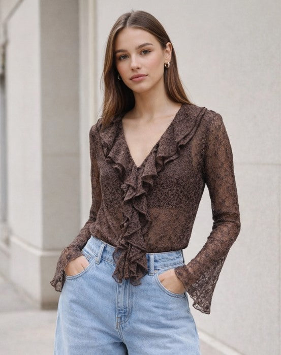 RUFFLED V NECK LACE LONG SLEEVE TOP