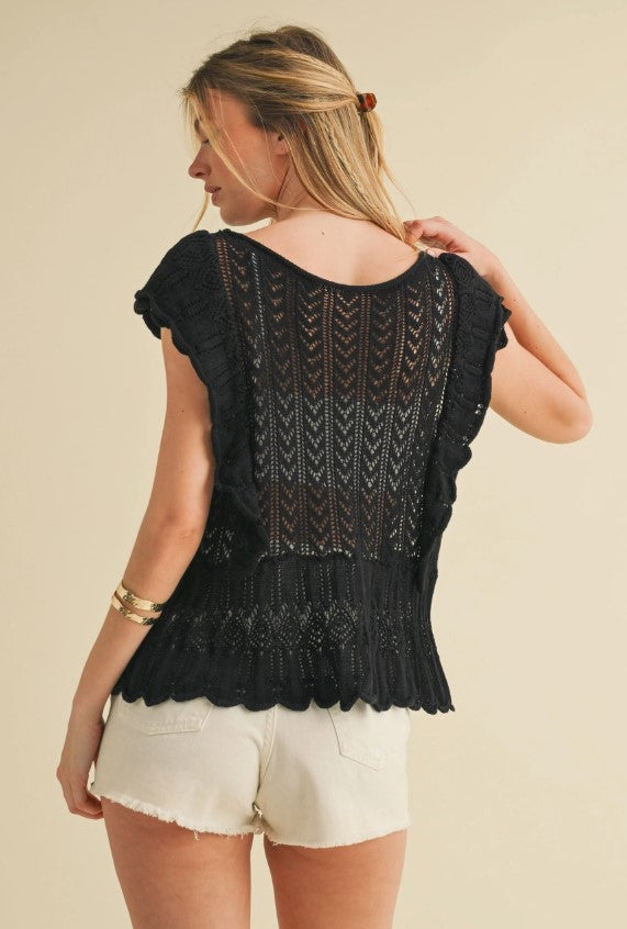 FLUTTER SLEEVE POINTELLE SWEATER