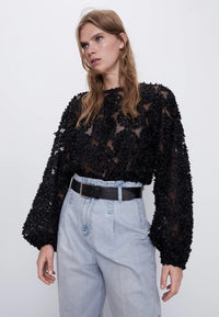 TEXTURED ROSETTE BLOUSE