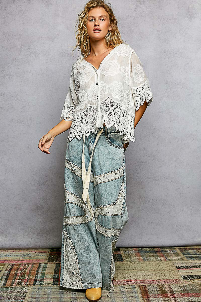 LACE SHORT SLEEVE BUTTON UP